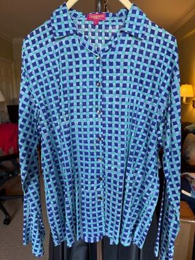 Lisa Corti Hand-Printed Blue and Green Cotton Button-Down Shirt – Size Large